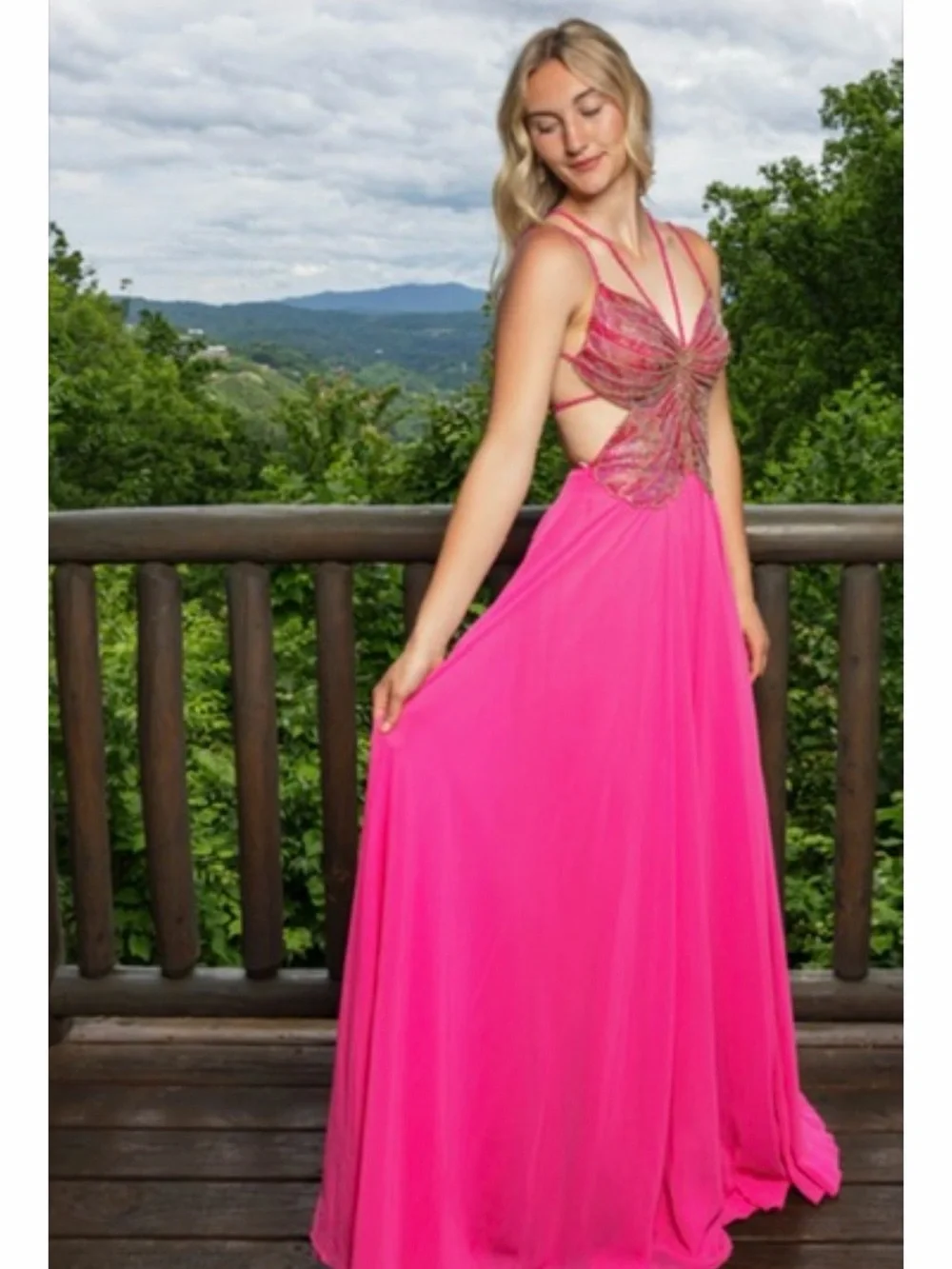 Jovani Hot Pink Beaded Spaghetti-Strap Pageant Prom Gown - Picture 2 of 7